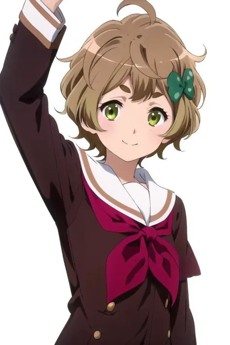 solo, 1girl, looking at viewer, sketch, flat colors, 2D, anime, anime coloring, upper body, (solid white background:1.3), <lora:sapphire-hibikeeuph:0.8>, sapphire kawashima, kitauji high school uniform, red neckerchief, brown shirt, long sleeves, green bow, looking at viewer, smile
