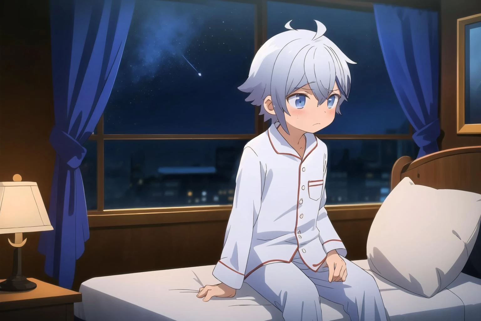 ((picture perfect)), Masterpiece, 1boy, cainVS, (pajamas:1.2), embarrassed, sitting, on bed, (blush), dimly lit, dark bedroom background, window, midnight, stars, frown, <lora:CainV1A4:1>, <lora:OurRedStrings_Backgrounds:0.7>
