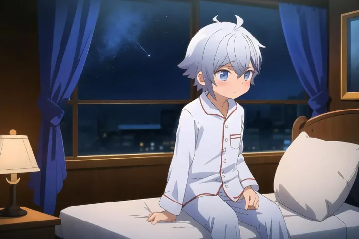 ((picture perfect)), Masterpiece, 1boy, cainVS, (pajamas:1.2), embarrassed, sitting, on bed, (blush), dimly lit, dark bedroom background, window, midnight, stars, frown, <lora:CainV1A4:1>, <lora:OurRedStrings_Backgrounds:0.7>