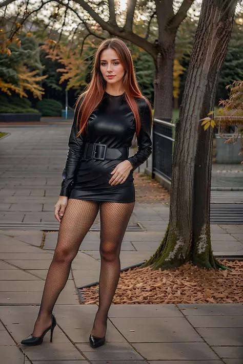 <lora:BlackRealFishnetsP:1>, <lora:b3ltdr3ssng:0.8>, RAW photo, (full portrait:1.1), (woman standing), b3ltdr3ssng, black b3ltdr3ssng, (BlackRealFishnetsP:1), high heel, (urban park), high detailed skin, 8k uhd, dslr, (bright warm lighting), high quality, film grain, Fujifilm