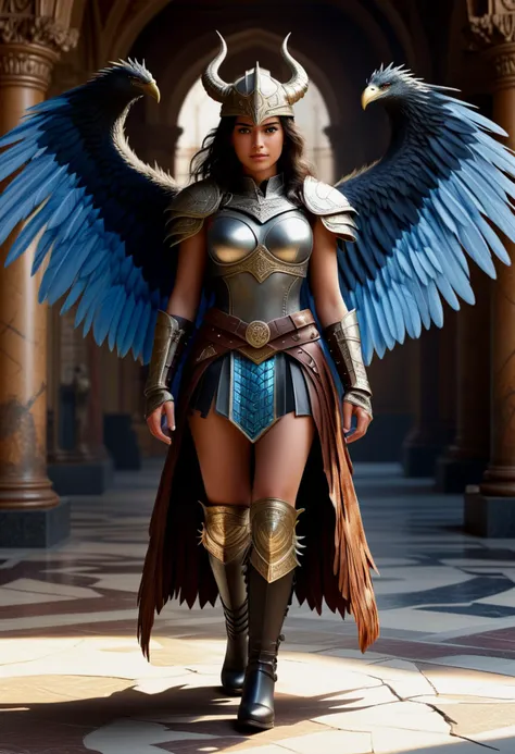 (medium full shot) of (lovely young woman:1.1) valkyrie, Feathered wings with iridescent plumage, spanish with wavy black hair, dark brown eyes, tan skin, slender,             wearing Brass armor with dragon scale texture, leather tassets with metal rivets, horned helm with dragon crest, leather bracers with claw motifs, knee-high boots with dragon scale trim, mythical sword forged from celestial steel, winged shield emblazoned with a Valknut symbol, leather belt with buckle adorned with runes smiling at the viewer, making an ok sign with her hand,  .set in  Hall of Heroes, Majestic hall with towering pillars, adorned with tapestries depicting epic battles, a grand throne at the center, celestial light pouring through stained glass windows , at sunset, ,Masterpiece,best quality, photorealistic, amazing quality, very aesthetic, extremely detailed face,