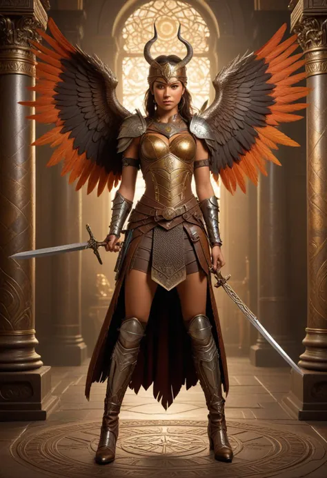 (medium full shot) of (gorgeous valkyrie) young woman, Feathered wings with fiery hues, native american, tan skin, brown eyes, busty build, extra long hazel messy bun hair, wearing Iron breastplate with hammered detailing, chainmail leggings with scale accents, horned helm with a faceplate, leather bracers with etched symbols, knee-high boots with metal plates, mythical sword forged from celestial steel, embossed shield with heraldic emblem, leather belt with buckle adorned with runes, set in  Throne of Asgard, Splendid throne room with gilded columns, a magnificent throne of gold and silver, banners fluttering in a divine breeze, a cosmic map depicting the realms of existence , at night, smiling at the viewer, Masterpiece,best quality, photorealistic, amazing quality, very aesthetic, extremely detailed face,