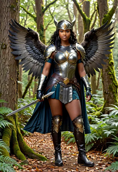 (medium full shot) of  (attractive young woman:1.1) valkyrie, Silk wings adorned with celestial patterns, south african with tightly coiled hair, dark eyes, dark skin, curvy,             wearing Blackened steel cuirass with a wolf emblem, winged helmet with a visor, leather breeches with chainmail panels, steel-toed boots with claw-shaped spikes, mythical sword forged from celestial steel, magic shield with heraldic emblem, fur-linedcloak draped over shoulders smiling at the viewer, making an ok sign with her hand,  .set in  Enchanted Glade, Mystical grove with ancient trees, their branches reaching towards the heavens, a carpet of moss and ferns underfoot, shafts of golden sunlight filtering through the canopy , at night, Masterpiece,best quality, photorealistic, amazing quality, very aesthetic, extremely detailed face,