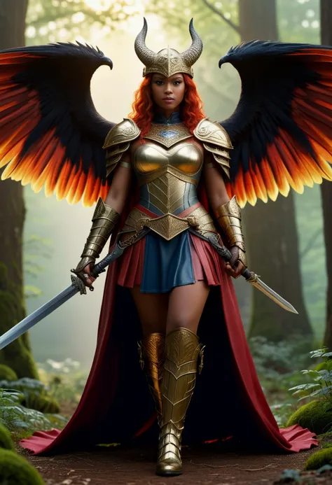 (medium full shot) of (lovely young woman:1.1) valkyrie, Feathered wings with fiery hues, south african with tightly coiled hair, dark eyes, dark skin, curvy,             wearing Gold-plated chainmail hauberk, horned helmet with dragon motifs, chainmail skirt with leather trim, steel-toed leather boots with engraved patterns, mythical sword forged from celestial steel, embossed shield with heraldic emblem, enchanted pendant with a glowing gemstone surprised, open mouth, running toward the viewer,  .set in  Sylvan Sanctuary, Tranquil woodland haven, the air fragrant with the scent of wildflowers, a gentle breeze rustling through the leaves, a sense of peace and harmony pervading the atmosphere , at sunset, ,Masterpiece,best quality, photorealistic, amazing quality, very aesthetic, extremely detailed face,