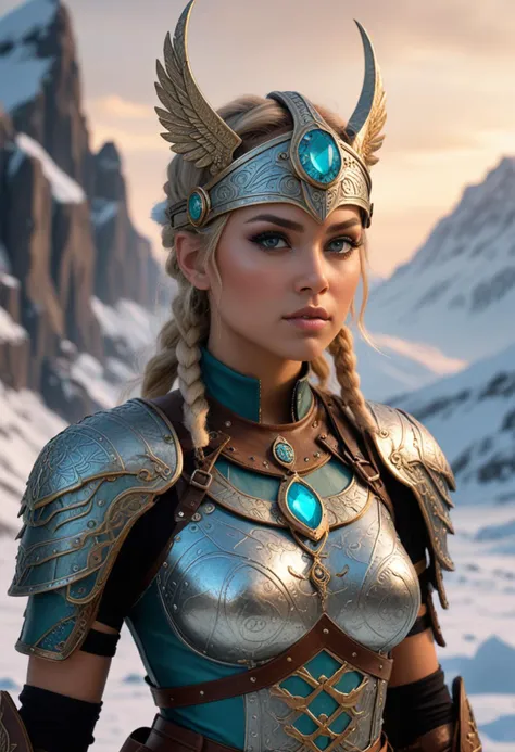 (medium full shot) of (esthetic valkyrie) young woman, Silk wings adorned with runic patterns, spanish, dark brown eyes, tan skin, tan skin, turquoise eyes, voluptuous build, medium blonde low bun hair, wearing Iron breastplate with hammered detailing, chainmail leggings with scale accents, horned helm with a faceplate, leather bracers with etched symbols, knee-high boots with metal plates, enchanted gold spear with runic carvings, magic shield with heraldic emblem, enchanted pendant with a glowing gemstone, set in  Frostbitten Tundra, Desolate expanse of ice and snow, jagged peaks rising on the horizon, frigid winds howling through the frozen landscape, the eerie silence of a world locked in perpetual winter , at sunset, surprised, open mouth, running toward the viewer, Masterpiece,best quality, photorealistic, amazing quality, very aesthetic, extremely detailed face,