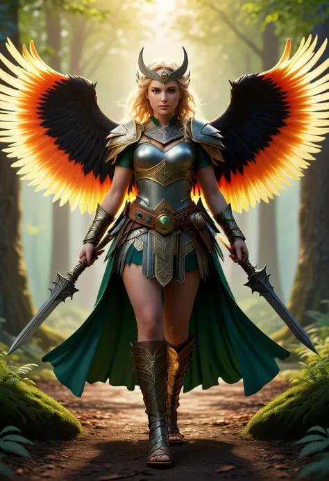 (medium full shot) of (gorgeous young woman:1.1) valkyrie, Feathered wings with fiery hues, french with curly blonde hair, bright green eyes, light skin, petite,             wearing Feathered pauldrons with engraved symbols, scalemail skirt, helm adorned with raven feathers, knee-high sandals, enchanted gold spear with runic carvings, shield emblazoned with a Valknut symbol, enchanted pendant with a glowing gemstone smiling at the viewer, making a victory sign with her hands,  .set in  Verdant Vale, Lush and verdant forest, teeming with life, a chorus of birdsong filling the air, dappled sunlight filtering through the canopy, a feeling of vibrant energy pulsating through the earth , at sunset, ,Masterpiece,best quality, photorealistic, amazing quality, very aesthetic, extremely detailed face,