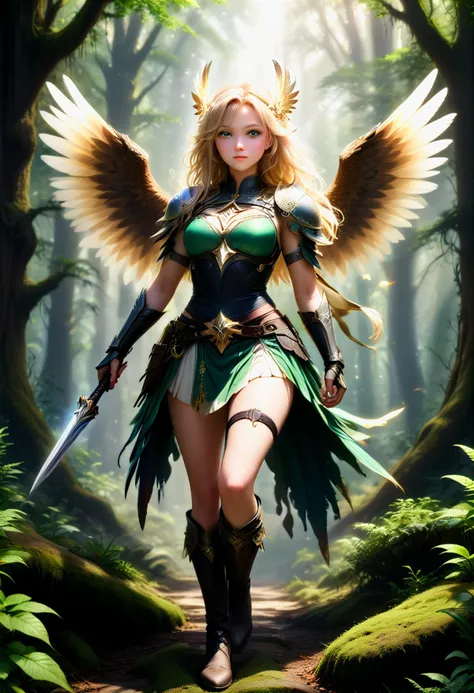 (medium full shot) of (bonnie young woman:1.1) valkyrie, Feathered wings with iridescent plumage, french with curly blonde hair, bright green eyes, light skin, petite,             wearing Enchanted steel chestplate with glowing runes, steel-plated greaves, winged circlet, steel-toed boots, mythical sword forged from celestial steel, magic shield with heraldic emblem, leather belt with buckle adorned with runes surprised, open mouth, pointing her finger at the viewer,  .set in  Enchanted Glade, Mystical grove with ancient trees, their branches reaching towards the heavens, a carpet of moss and ferns underfoot, shafts of golden sunlight filtering through the canopy , ,Masterpiece,best quality, photorealistic, amazing quality, very aesthetic, extremely detailed face,