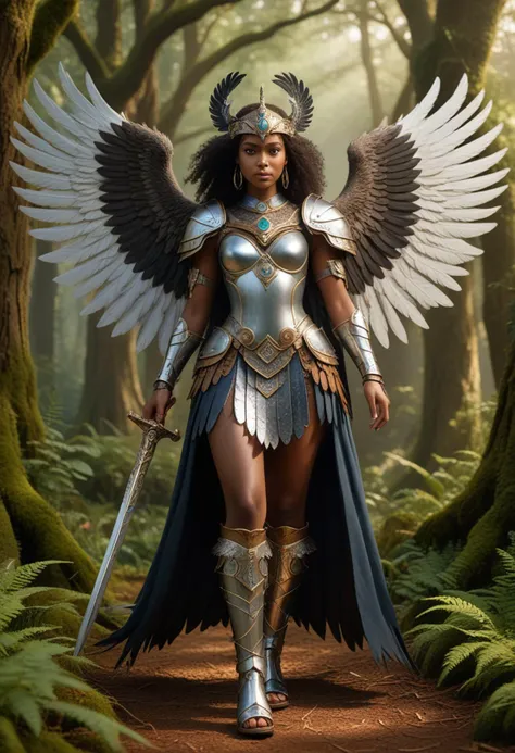 (medium full shot) of (angelic valkyrie) young woman, Feathered wings with iridescent plumage, south african, dark eyes, dark skin, dark skin, black eyes, normal build, long hazel afro hair, wearing Feathered pauldrons with engraved symbols, scalemail skirt, helm adorned with raven feathers, knee-high sandals, enchanted silver spear with runic carvings, magic shield with heraldic emblem, enchanted pendant with a glowing gemstone, set in  Enchanted Glade, Mystical grove with ancient trees, their branches reaching towards the heavens, a carpet of moss and ferns underfoot, shafts of golden sunlight filtering through the canopy , smiling at the viewer, Masterpiece,best quality, photorealistic, amazing quality, very aesthetic, extremely detailed face,