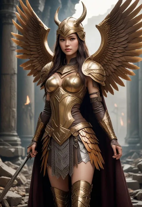 (medium full shot) of (attractive valkyrie) young woman, Feathered wings with iridescent plumage, korean, dark brown eyes, pale skin, tan skin, brown eyes, slender build, long dark hime cut hair, wearing Golden armor with embossed patterns, chainmail skirt with tasseled hem, horned helmet, leather vambraces with engraved runes, knee-high boots with fur lining, enchanted gold spear with runic carvings, winged shield emblazoned with a Valknut symbol, fur-linedcloak draped over shoulders, set in  Ruins of Asgard, Crumbling remnants of celestial palaces, shattered relics of divine power, the air heavy with the weight of history, the spirits of fallen heroes lingering in the shadows , at night, smiling at the viewer, Masterpiece,best quality, photorealistic, amazing quality, very aesthetic, extremely detailed face,