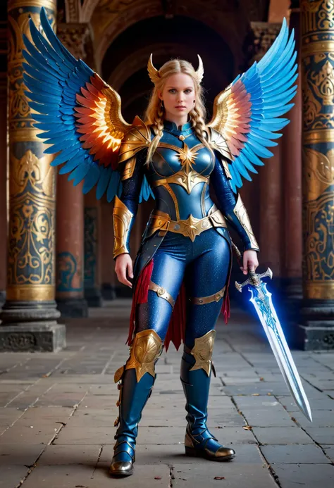 (medium full shot) of  (vivacious young woman:1.1) valkyrie, Feathered wings with fiery hues, swedish with blonde hair in a braid, blue eyes, fair skin, slender,             wearing Celestial armor with shimmering star patterns, cosmic leggings, helm adorned with moon and sun motifs, constellation-etched boots, mythical sword forged from celestial steel, magic shield with heraldic emblem, amulet glowing with mystical energy surprised, open mouth, running toward the viewer,  .set in  Temple of the Allfather, Grand sanctuary dedicated to the chief of the gods, towering pillars and vaulted ceilings, sacred relics and offerings laid at the feet of the divine, a palpable sense of reverence and awe  , at night, Masterpiece,best quality, photorealistic, amazing quality, very aesthetic, extremely detailed face,