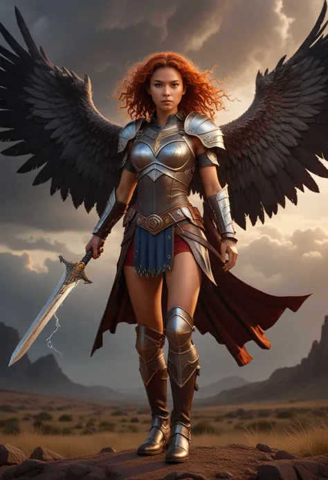 (medium full shot) of (supermodel valkyrie) young woman, Feathered wings with fiery hues, philippine, brown eyes, tan skin, tan skin, brown eyes, slim build, medium red curly down hair, wearing Thunderstorm breastplate crackling with energy, lightning bolt leggings, helm resembling storm clouds, thunderous boots, mythical sword forged from celestial steel, magic shield with heraldic emblem, leather belt with buckle adorned with runes, set in  Valley of Echoes, Haunting landscape with whispering winds, ghostly apparitions drifting through, the ground littered with the remnants of ancient battles, the sound of mournful lamentations carried on the breeze , at sunset, laughing, arms crossed, Masterpiece,best quality, photorealistic, amazing quality, very aesthetic, extremely detailed face,