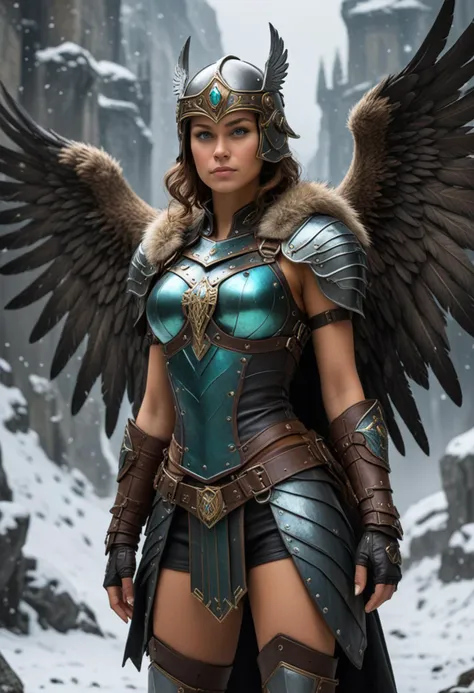 (medium full shot) of (attractive valkyrie) young woman, Feathered wings with iridescent plumage, italian, green eyes, tan skin, tan skin, turquoise eyes, busty build, short dark wavy down hair, wearing Blackened steel cuirass with a wolf emblem, winged helmet with a visor, leather breeches with chainmail panels, steel-toed boots with claw-shaped spikes, enchanted gold spear with runic carvings, embossed shield with heraldic emblem, fur-linedcloak draped over shoulders, set in  Avalanche Pass, Narrow defile hemmed in by towering walls of snow and ice, the constant threat of avalanches and rockslides, the icy grip of fear tightening with every step , laughing, squatting, Masterpiece,best quality, photorealistic, amazing quality, very aesthetic, extremely detailed face,