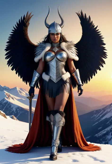 (medium full shot) of (bonnie young woman:1.1) valkyrie, Feathered wings with fiery hues, black american with fringe hair, dark eyes, dark skin, curvy,             wearing Silver-plated bustier with engraved runes, chainmail skirt, horned helmet, knee-high boots with fur trim, enchanted gold spear with runic carvings, shield emblazoned with a Valknut symbol, fur-linedcloak draped over shoulders laughing, arms crossed,  .set in  Summit of the World, Towering peak piercing the sky, panoramic vistas of snow-capped mountains stretching to the horizon, a sense of awe and wonder at the majesty of creation , at sunset, ,Masterpiece,best quality, photorealistic, amazing quality, very aesthetic, extremely detailed face,