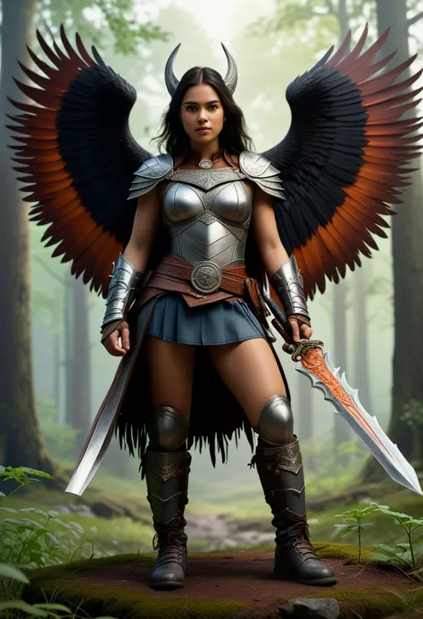 (medium full shot) of (vivacious young woman:1.1) valkyrie, Feathered wings with fiery hues, mexican with dark hair, brown eyes, medium skin tone, medium build,             wearing Thunderstorm breastplate crackling with energy, lightning bolt leggings, helm resembling storm clouds, thunderous boots, mythical sword forged from celestial steel, shield emblazoned with a Valknut symbol, leather belt with metal buckle adorned with runes laughing, arms crossed,  .set in  Sylvan Sanctuary, Tranquil woodland haven, the air fragrant with the scent of wildflowers, a gentle breeze rustling through the leaves, a sense of peace and harmony pervading the atmosphere , ,Masterpiece,best quality, photorealistic, amazing quality, very aesthetic, extremely detailed face,