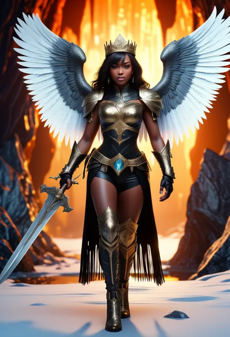 (medium full shot) of (sexy young woman:1.1) valkyrie, Silk wings adorned with celestial patterns, black american with fringe hair, dark eyes, dark skin, curvy,             wearing Gilded chestplate with intricate filigree, plated leggings, regal crown adorned with gems, golden greaves, mythical sword forged from celestial steel, magic shield with heraldic emblem, amulet glowing with mystical energy laughing, arms crossed,  .set in  Frostfire Caverns, Treacherous network of icy tunnels and caverns, glittering crystals of frost lining the walls, pools of molten lava bubbling beneath the frozen surface, the occasional roar of a frost wyrm echoing in the depths , at sunset, ,Masterpiece,best quality, photorealistic, amazing quality, very aesthetic, extremely detailed face,