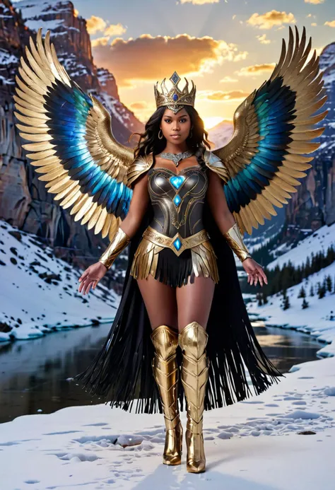 (medium full shot) of  (esthetic young woman:1.1) valkyrie, Feathered wings with iridescent plumage, black american with fringe hair, dark eyes, dark skin, curvy,             wearing Gilded chestplate with intricate filigree, plated leggings, regal crown adorned with gems, golden greaves, enchanted silver spear with runic carvings, winged shield emblazoned with a Valknut symbol, amulet glowing with mystical energy smiling at the viewer, making a heart sign with her hands,  .set in  Frostbite Gorge, Rugged canyon carved by millennia of glacial erosion, icy streams winding through the frozen landscape, the crunch of snow underfoot and the distant rumble of falling ice , at sunset, Masterpiece,best quality, photorealistic, amazing quality, very aesthetic, extremely detailed face,