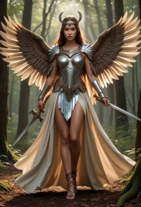 (medium full shot) of (desirable valkyrie) young woman, Feathered wings with iridescent plumage, philippine, brown eyes, tan skin, tan skin, light brown eyes, slender build, extra long hazel straight bangs hair, wearing Angelic breastplate with feathered accents, flowing robe-like skirt, halo circlet, ethereal sandals, mythical sword forged from celestial steel, embossed shield with heraldic emblem, leather belt with metal buckle adorned with runes, set in  Shadowed Thicket, Dark and foreboding woods, twisted trees casting eerie shadows, the ground choked with thorns and brambles, the distant howl of unseen beasts , at night, surprised, open mouth, running toward the viewer, Masterpiece,best quality, photorealistic, amazing quality, very aesthetic, extremely detailed face,