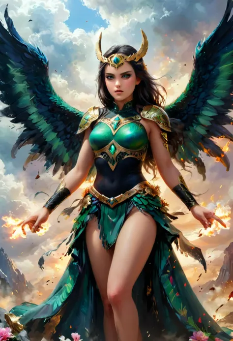 (abstract expressionist painting) of a  young valkyrie, Feathered wings with iridescent plumage, arabian with black doughnut hair bun, green eyes, tan skin, curvy,             wearing Feywild breastplate with enchanting glow, ethereal skirt, floral crown, fairy-winged sandals, mythical sword forged from celestial steel, embossed shield with heraldic emblem, fur-linedcloak draped over shoulders surprised, open mouth, pointing her finger at the viewer,  .set in  Battlefield of Ragnarok, Chaotic landscape with swirling mists, thunderous clashes of weapons, towering giants and fearsome beasts locked in combat, the clash of divine and mortal forces , award winning, very aesthetic, extremely detailed face,