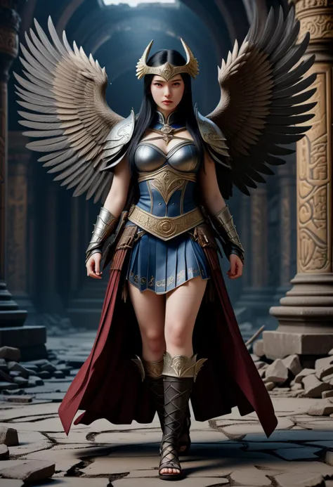 (medium full shot) of (desirable young woman:1.1) valkyrie, Silk wings adorned with celestial patterns, japanese with black hair styled in twin-tails, dark brown eyes, pale skin, petite,             wearing Feathered pauldrons with engraved symbols, scalemail skirt, helm adorned with raven feathers, knee-high sandals, mythical sword forged from celestial steel, shield emblazoned with a Valknut symbol, amulet with mystical energy smiling at the viewer, making a victory sign with her hands,  .set in  Ruins of Asgard, Crumbling remnants of celestial palaces, shattered relics of divine power, the air heavy with the weight of history, the spirits of fallen heroes lingering in the shadows , at night, ,Masterpiece,best quality, photorealistic, amazing quality, very aesthetic, extremely detailed face,