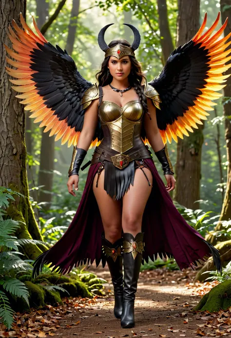 (medium full shot) of  (esthetic young woman:1.1) valkyrie, Feathered wings with fiery hues, indian with dark hair in a braid, brown eyes, darker skin tone, curvy,             wearing Iron-plated corselet with etched designs of ravens, spiked helmet with a faceguard, leather loincloth with metal studs, rugged leather boots with steel soles, enchanted gold spear with runic carvings, magic shield with heraldic emblem, enchanted pendant with a glowing gemstone smiling at the viewer, making a victory sign with her hands,  .set in  Verdant Vale, Lush and verdant forest, teeming with life, a chorus of birdsong filling the air, dappled sunlight filtering through the canopy, a feeling of vibrant energy pulsating through the earth , Masterpiece,best quality, photorealistic, amazing quality, very aesthetic, extremely detailed face,