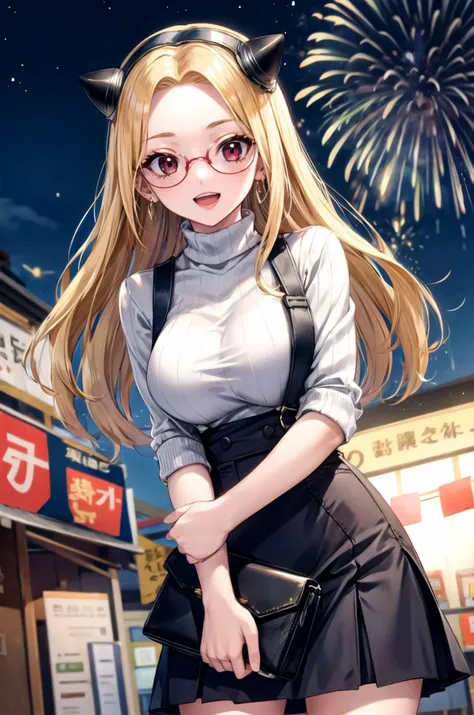 (masterpiece, best quality, detailed), 1girl, solo, looking at viewer, <lora:dsminami-nvwls-v1:0.9>, hokutozai minami, fake horns, turtleneck sweater, ribbed sweater, earrings, round eyewear, fireworks, aerial fireworks, <lora:breasts_squeezed_together_v0.2:0.9> (breasts squeezed together), (v arms), hairband, skirt, handbag, night, night sky, festival, suspender skirt, food stand, smile, open mouth