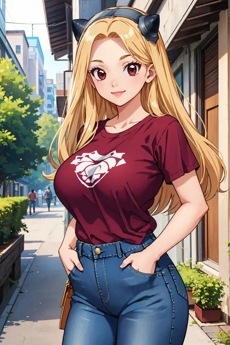 masterpiece, best quality, 1girl, solo <lora:dsminami-nvwls-v1-000009:0.9> hokutozai minami, fake horns, hairband, large breasts, purple t-shirt, jeans, hands in pockets, city, alleyway, smile