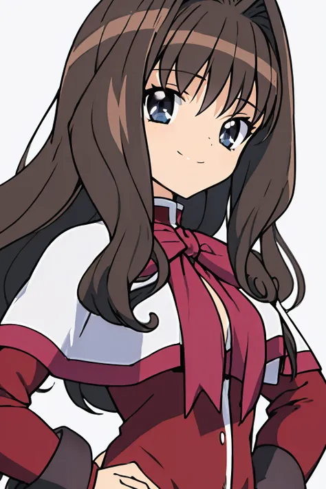 masterpiece, best quality,
1girl, kaorimisaka, brown hair, hair intakes, long hair, blue eyes, capelet, bow, school uniform, long sleeves, skirt,
hands on hips, smile, upper body, solo, looking at viewer, simple background, solid grey background    <lora:KaoriMisaka:1>