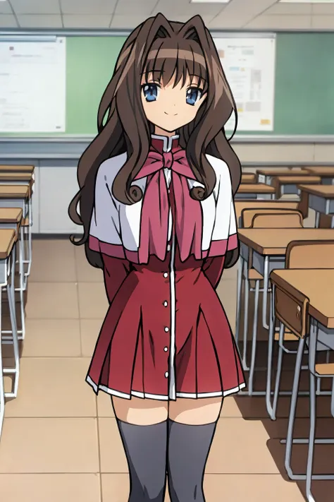 masterpiece, best quality,
1girl, kaorimisaka, brown hair, hair intakes, long hair, blue eyes, capelet, bow, school uniform, long sleeves, skirt, thighhighs,
arms behind back, smile, full body, standing, solo, looking at viewer, indoors, classroom background    <lora:KaoriMisaka:1>