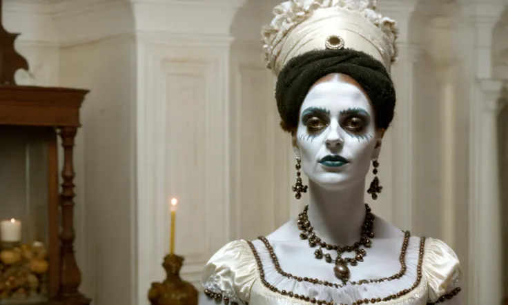 closeup of voodoo priestess, wearing regency period dress, in front of a home altar in New Orleans, occult, macabre, people in background<lora:Regency:1> r3g3ncy , (action shot, dynamic angle, dynamic pose, motion:1.3) horror movie filmed by Stanley Kubrik