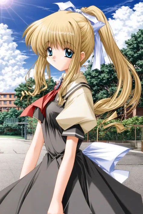 1girl <lora:air-vn-3:.8>, bokeh,  kamio misuzu, 1girl, solo, blonde hair, long hair, day, blue eyes, school uniform, sky, ponytail, cloud, crow, red ribbon, short sleeves, blue sky, white background, black dress, hair ribbon, cross