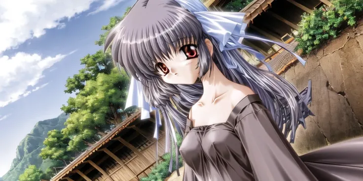 <lora:airLora_v0:0.8>, 1girl, bokeh, toono minagi, 1girl, solo, silver hair, long hair, day, red eyes, long dress, sky, cloud, crow, blue hair ribbon, blue sky, scenic ocean background
