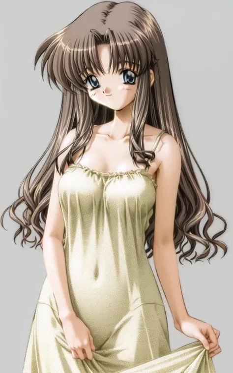 scan, masterpiece, (highres 1.2), (ultra-detailed 1.2), (large breasts), (sundress), ocean, background, detailed render, smile, toono minagi, long hair, grey hair, <lora:airLora_v0:0.8>