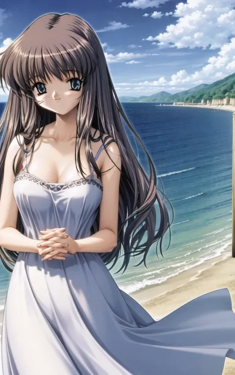 scan, masterpiece, (highres 1.2), (ultra-detailed 1.2), (large breasts), (sundress), ocean, detailed scenic background, detailed render, smile, toono minagi, long hair, silver hair, <lora:airLora_v0:0.8>