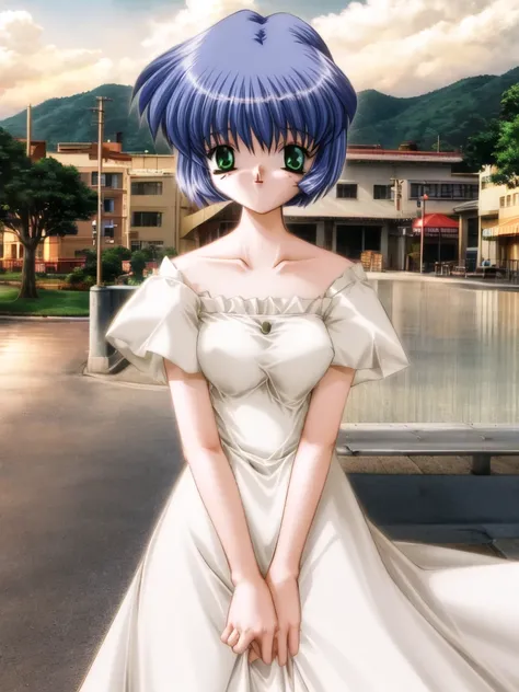 <lora:airLora_v0:0.8>, 1girl, bokeh, kirishima kano, 1girl, solo, blue hair, short hair, green eyes, white dress, sky, cloud, blue sky, scenic ocean background