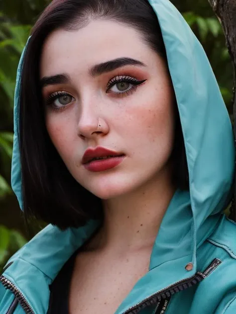 close up portrait photo of young sks woman wearing a jacket, studio lighting <lora:locon_miaalvescz_v1_from_v1_64_32:1.0> in front of a tree
