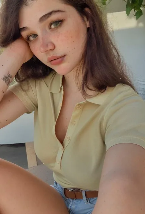 close up selfie portrait photo of 20 years old sks woman, natural lighting,  straight hair <lora:locon_miaalvescz_v1_from_v1_64_32:0.75> Polo shirt and khaki shorts  <lora:lora-small-mia-alvescz-v1:0.6>