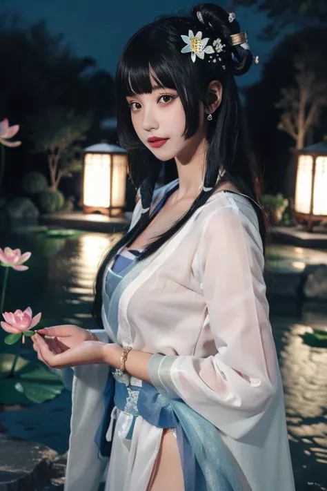 ultra-detailed,highly detailed,best quality,masterpiece,illustration,realistic,
type 95 sbzql, 1girl, solo, looking at viewer,upper body,
hanfu, chinese clothes, sash, bandeau, dress, see-through,long sleeves, earrings, jewelry, bracelet,dudou,tube dress,camisole under clothes,
long hair, hair ornament, bangs,
outdoors,lotus,water, flower, rock,photo background,night,steam,
<lora:type 95 sbzql_v1_08:0.7>