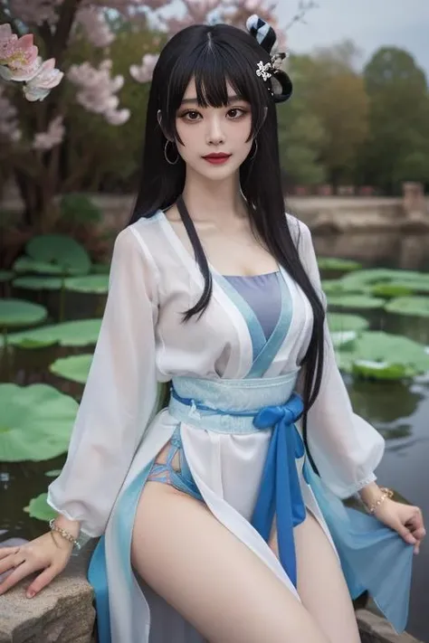 ultra-detailed,highly detailed,best quality,masterpiece,illustration,realistic,
type 95 sbzql, 1girl, solo, looking at viewer,cowboy shot,
hanfu, chinese clothes, sash, bandeau, dress, see-through,long sleeves, earrings, jewelry, bracelet,dudou,tube dress,camisole under clothes,
long hair, hair ornament, bangs,
outdoors,lotus,water, flower, rock,photo background,
<lora:type 95 sbzql_v1_08:0.7>