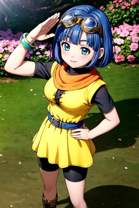 DQ10 seraphi, short hair, bob cut, blue hair, blue eyes, goggles, goggles on head, DQ10 costume, yellow dress, orange scarf, black sleeves, blue belt, bracelet, bare hands, barefoot, <lora:DQ10_seraphi_ep20_v5:0.6>, BREAK medium breasts, anmnr, <lora:anmnr01:0.17>, beautiful, masterpiece, 8K resolution, extremely detailed face, 1girl, Beautiful girl, adult girl, 20 years old, eye highlights, BREAK undressing, panty pull, <lora:undressing_panties_v0.1:1.1>, panties taken off, panties while undressing, (from below), looking at viewer, smile, embarrassed, blush, BREAK (leaning forward:1.3), BREAK anime background, outdoors, in forest, flower garden, gentle sunlight, (bushes in front), <lora:flat2-dim1:-0.5>
