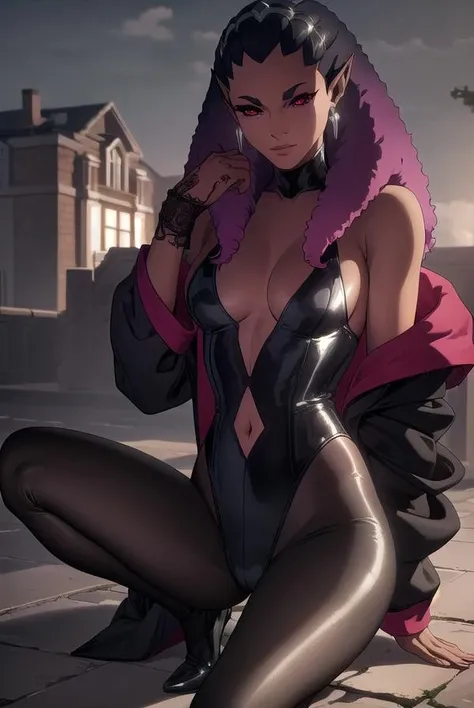castlevaniadrolta, <lora:castlevaniadrolta-lora-nochekaiser:1>,
castlevaniadrolta, black hair, (red eyes:1.5), pointy ears, dark skin, dark-skinned female, colored sclera, black sclera, purple hair, gradient hair, two-tone hair,
BREAK cleavage, jewelry, earrings, off shoulder, leotard, black leotard, pants, black pants,
BREAK looking at viewer, upper body, full body,
BREAK outdoors, night, sky,
BREAK <lyco:GoodHands-beta2:1>, (masterpiece:1.2), best quality, high resolution, unity 8k wallpaper, (illustration:0.8), (beautiful detailed eyes:1.6), extremely detailed face, perfect lighting, extremely detailed CG, (perfect hands, perfect anatomy),