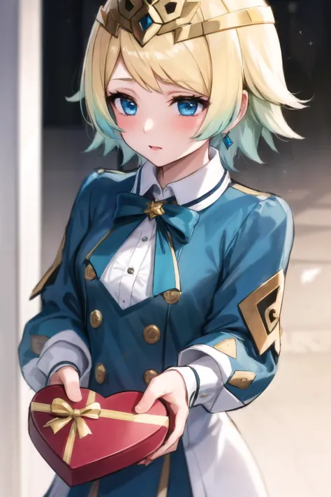 masterpiece, best quality,1girl, <lora:incominggift-08:0.8>,incominggift, holding, gift box, ribbon, heart-shaped box, <lora:fjorm-fef:0.8>,fjorm fe,tiara, hair gradient
