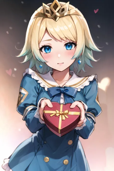 masterpiece, best quality,1girl, <lora:incominggift-08:0.8>,incominggift, holding, gift box, ribbon, heart-shaped box, <lora:fjorm-fef:0.8>,fjorm fe,blue outfit, tiara, hair gradient