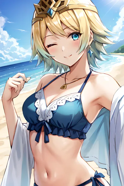 <lora:fjorm-10:0.8>, fjorm fe, 1girl, solo, looking at viewer, beach background, smile, upper body, detailed face, blue bikini, one eye closed, facing viewer, midriff, tiara