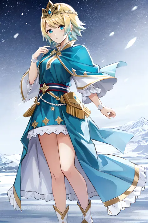 <lora:fjorm-10:0.8>, fjorm fe, 1girl, solo, looking at viewer, snowy background, expressionless, full body, facing viewer, detailed face, blue outfit, tiara, hair gradient