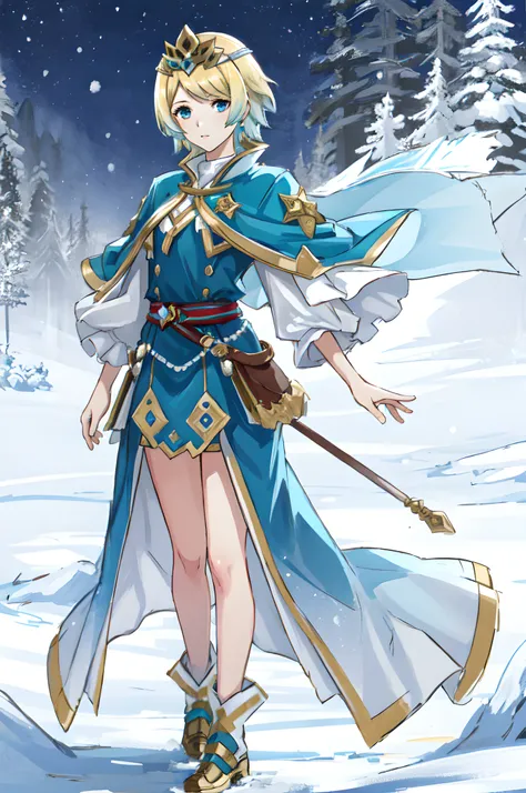 <lora:fjorm-10:0.8>, fjorm fe, 1girl, solo, looking at viewer, snowy background, expressionless, full body, facing viewer, detailed face, blue outfit, tiara, hair gradient