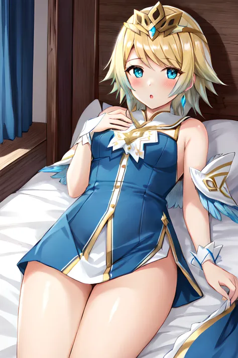 <lora:fjorm-10:0.8>, fjorm fe, 1girl, solo, looking at viewer, blush, on back, on bed, :o, thick thighs, feather trim, tiara, gradient hair, blue outfit