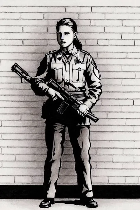 TheRPGCharGenEsAFArt 1girl holding a gun in a uniform in front of a brick wall