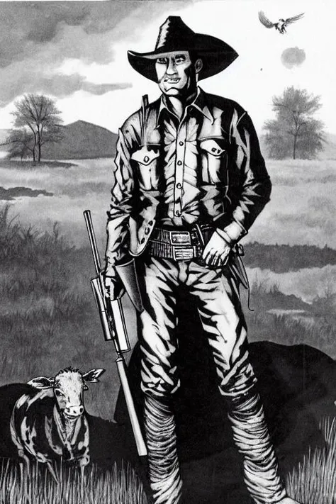 (TheRPGCharGenEsAFArt:0.7) an old-time cowboy in a jacket and a shotgun on a farm