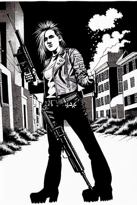 (TheRPGCharGenEsAFArt:0.7)  punk 1girl in a jacket and a shotgun on a backstreet road