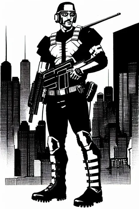 (TheRPGCharGenEsAFArt:1) cyberpunk 1man a shotgun with tall boots and helmet